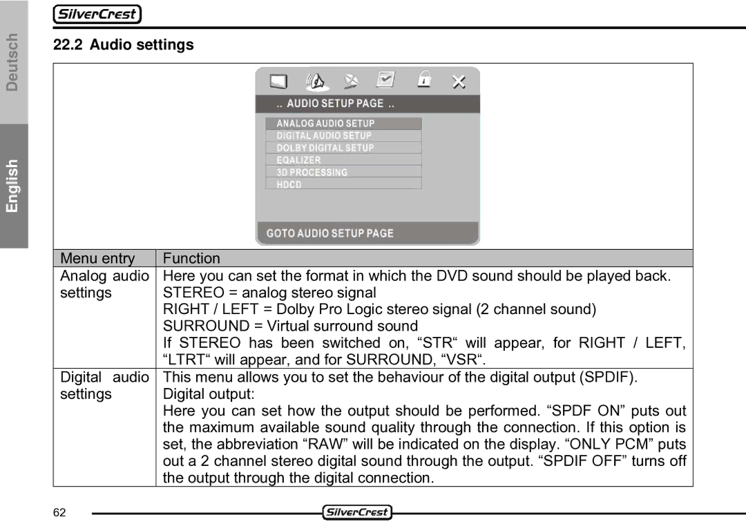 Silvercrest CDV-710 important safety instructions Audio settings 