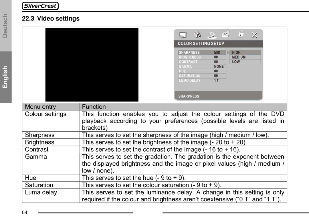 Silvercrest CDV-710 important safety instructions Video settings 