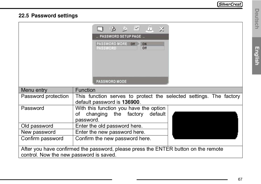 Silvercrest CDV-710 important safety instructions Password settings 