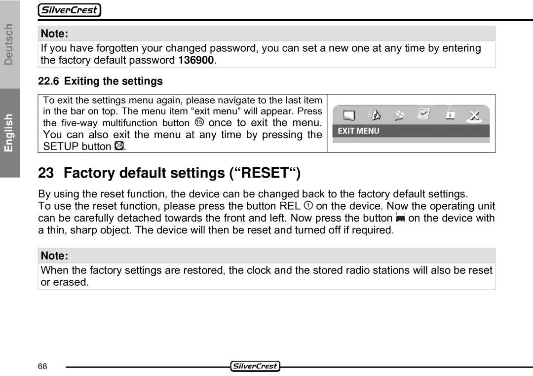 Silvercrest CDV-710 important safety instructions Factory default settings Reset, Exiting the settings 