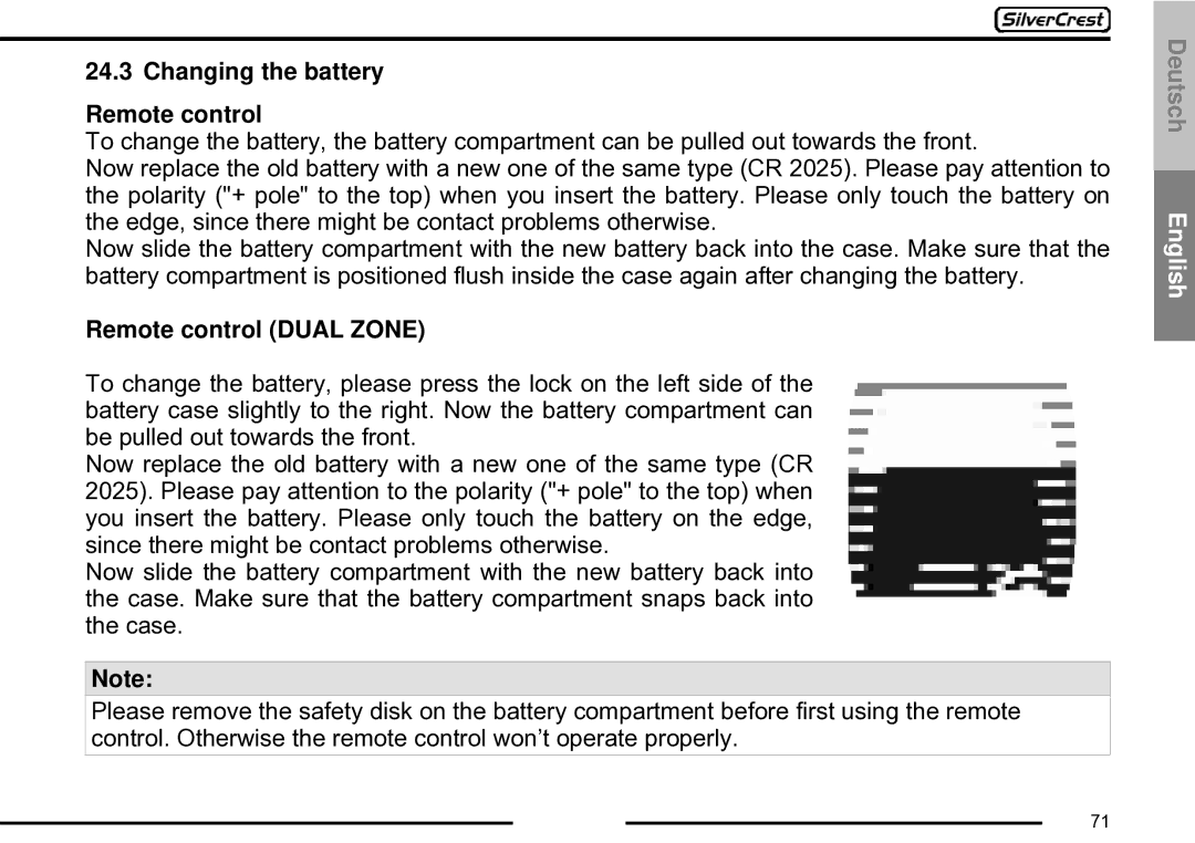 Silvercrest CDV-710 important safety instructions Changing the battery Remote control 