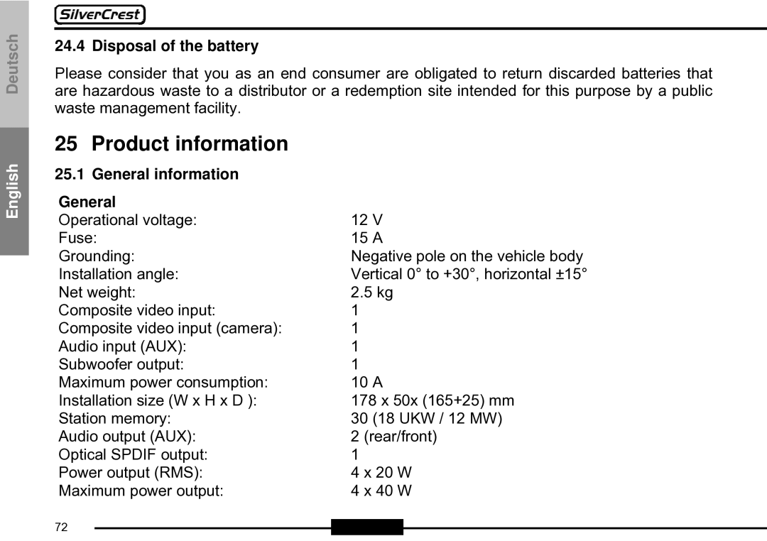 Silvercrest CDV-710 important safety instructions Product information, Disposal of the battery, General information 