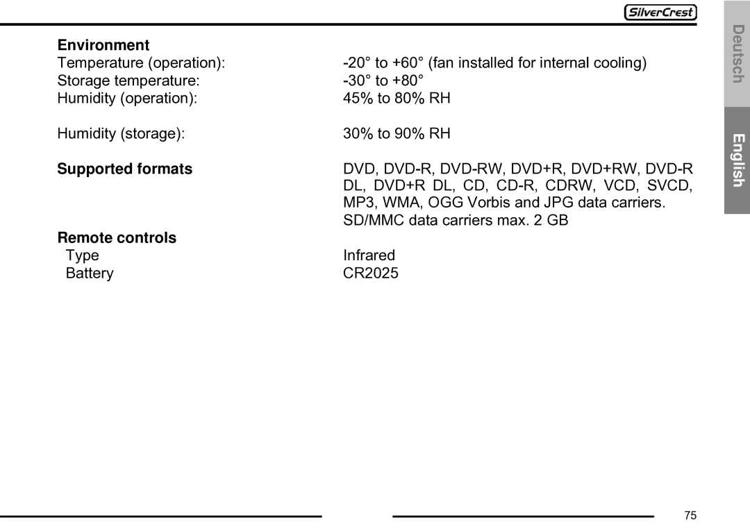 Silvercrest CDV-710 Environment, Supported formats, Dvd, Dvd-R, Dvd-Rw, Dvd+R, Dvd+Rw, Dvd-R, Remote controls 