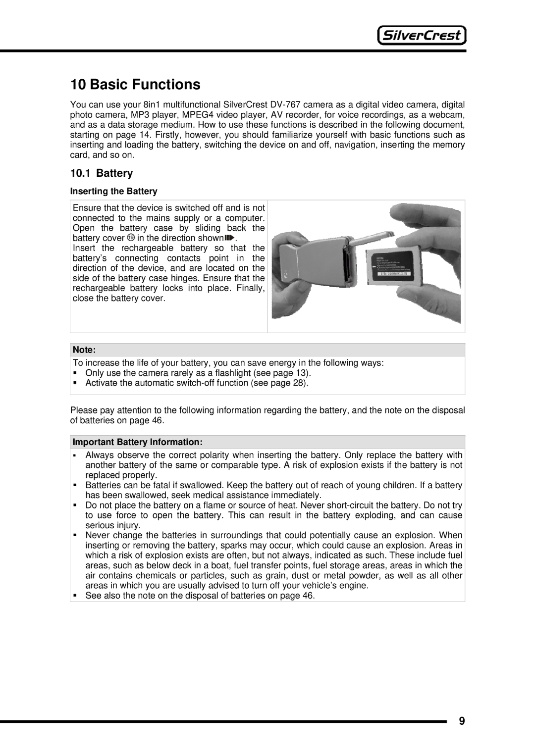 Silvercrest DV-767 instruction manual Basic Functions, Inserting the Battery, Important Battery Information 