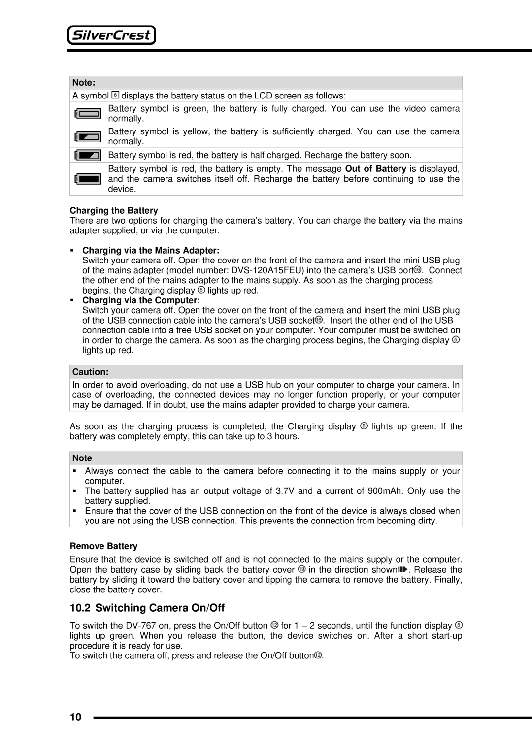 Silvercrest DV-767 Switching Camera On/Off, Charging the Battery, ƒ Charging via the Mains Adapter, Remove Battery 