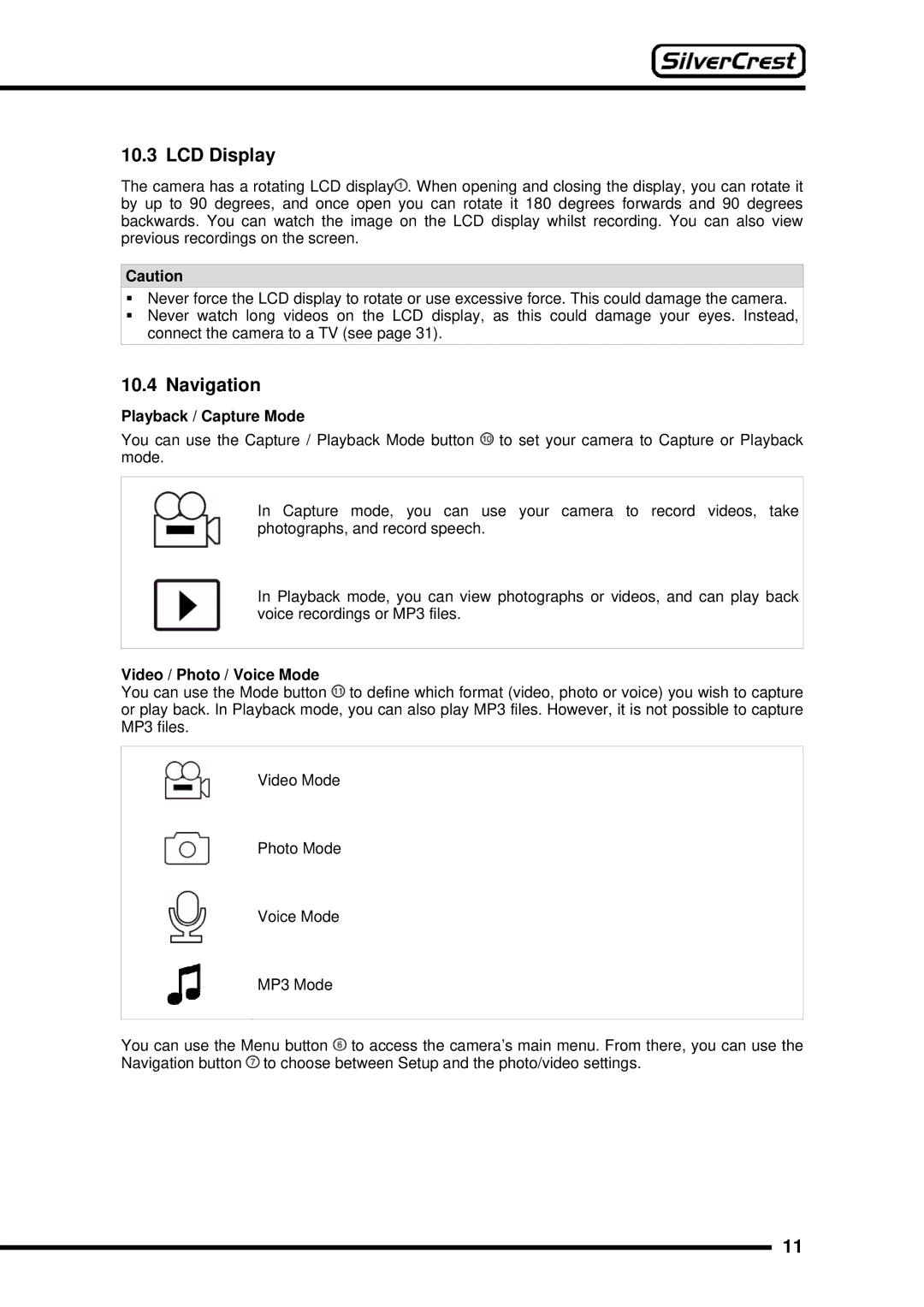 Silvercrest DV-767 instruction manual LCD Display, Navigation, Playback / Capture Mode, Video / Photo / Voice Mode 
