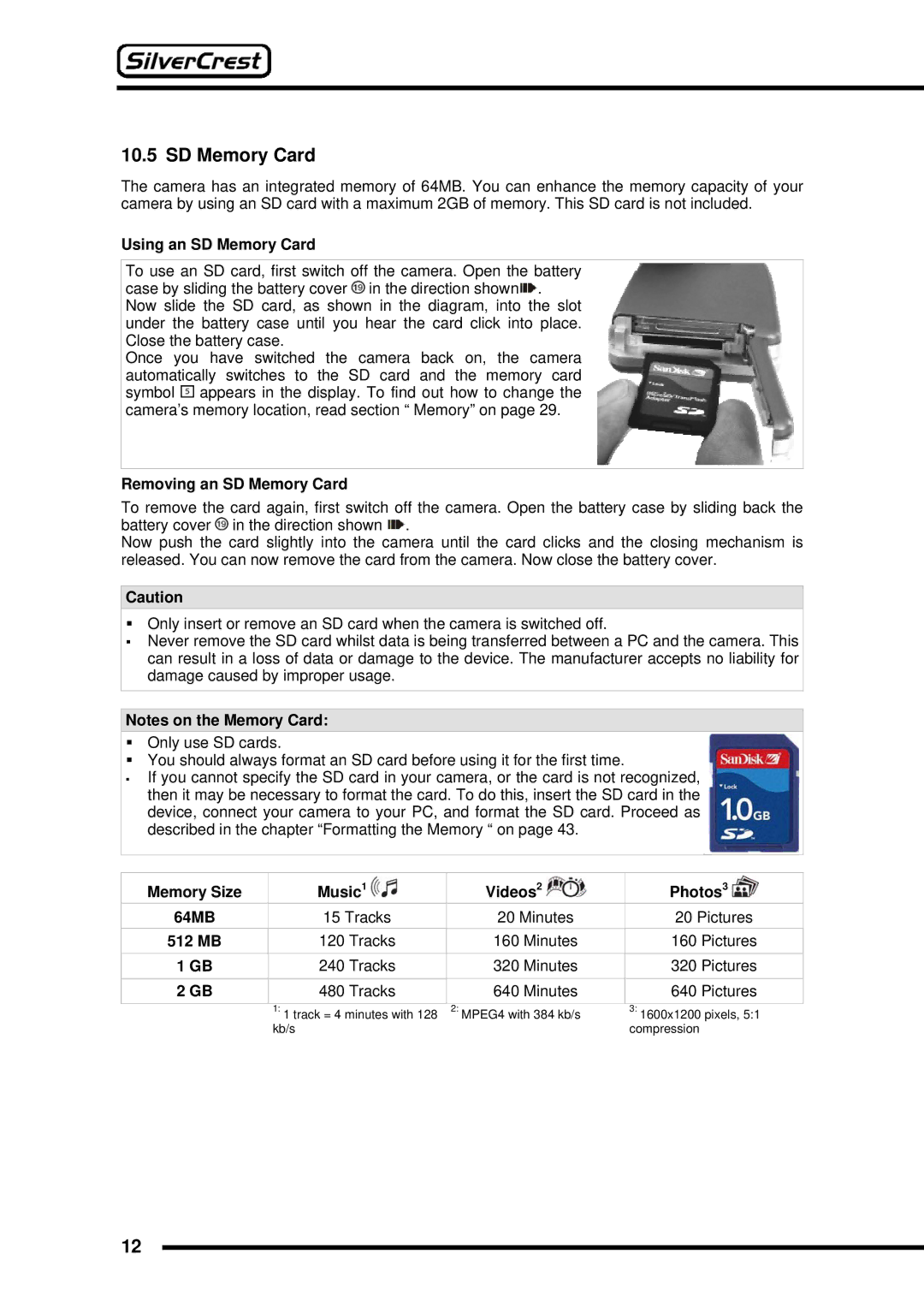 Silvercrest DV-767 Using an SD Memory Card, Removing an SD Memory Card, Memory Size Music Videos Photos 64MB, 512 MB 