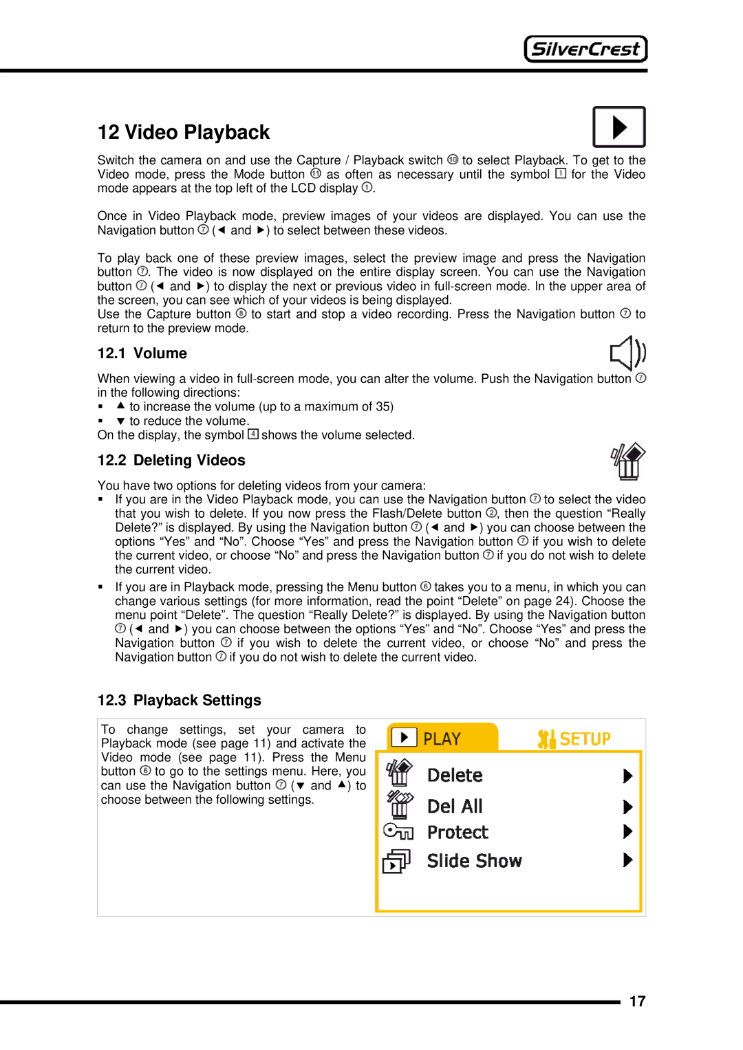 Silvercrest DV-767 instruction manual Video Playback, Volume, Deleting Videos, Playback Settings 