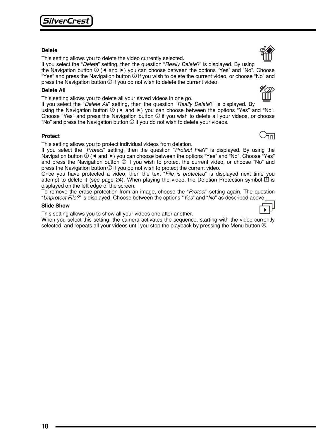 Silvercrest DV-767 instruction manual Delete All, Protect, Slide Show 