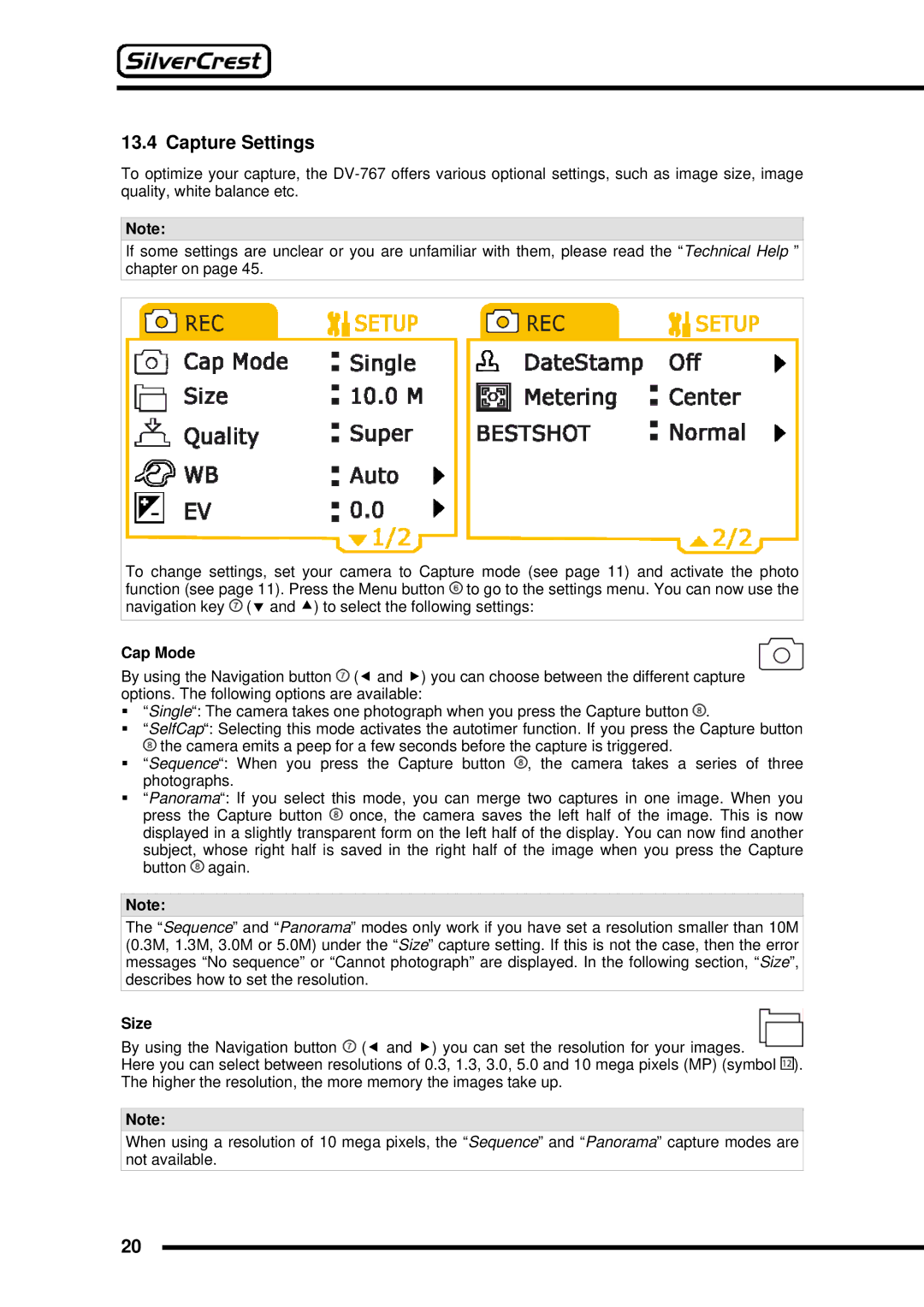 Silvercrest DV-767 instruction manual Capture Settings, Cap Mode 