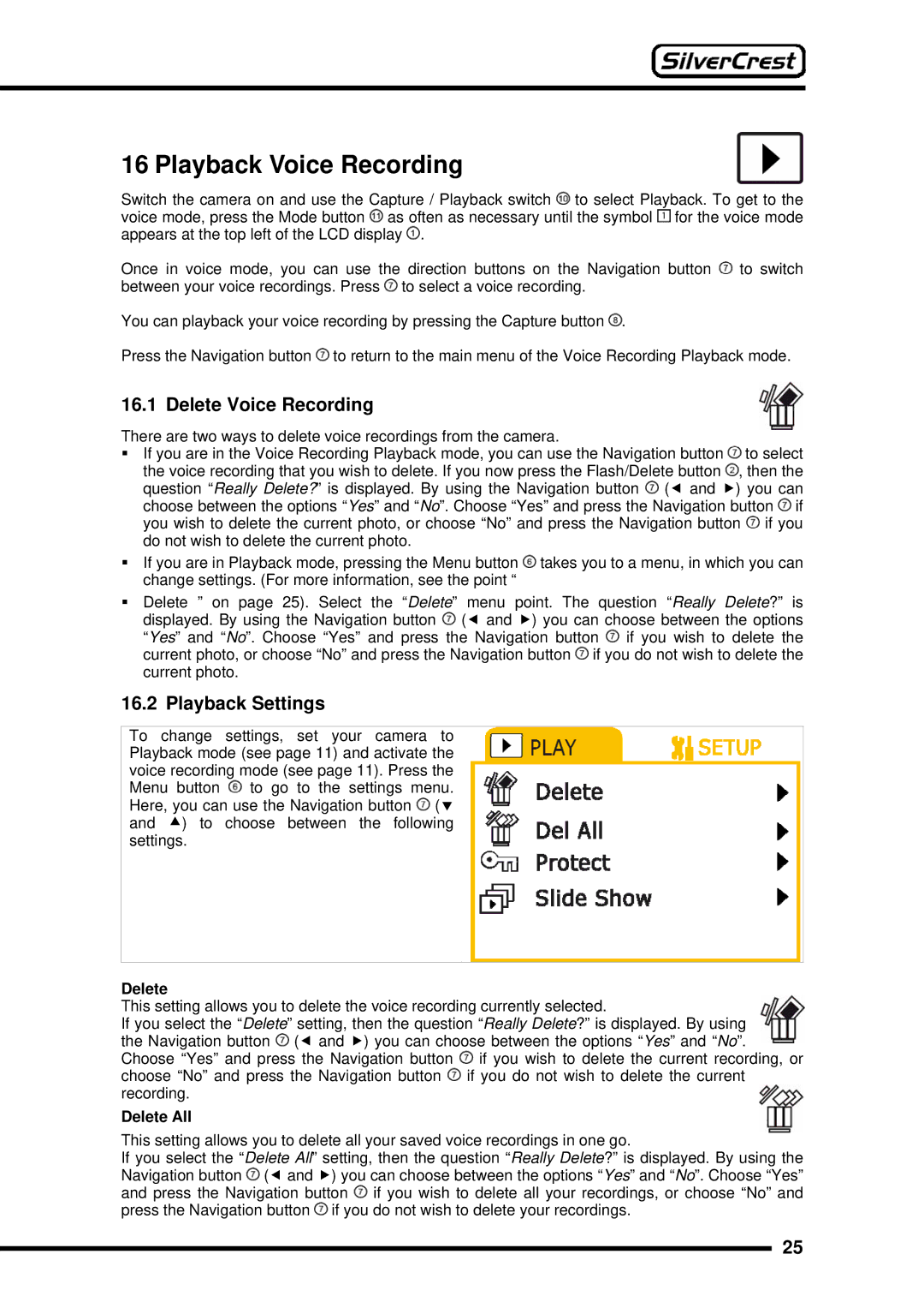 Silvercrest DV-767 instruction manual Playback Voice Recording, Delete Voice Recording 