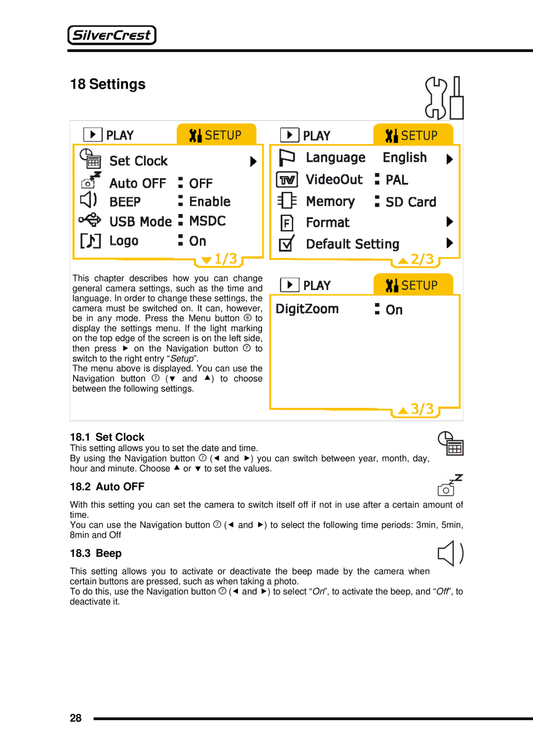 Silvercrest DV-767 instruction manual Settings, Set Clock, Auto OFF, Beep 