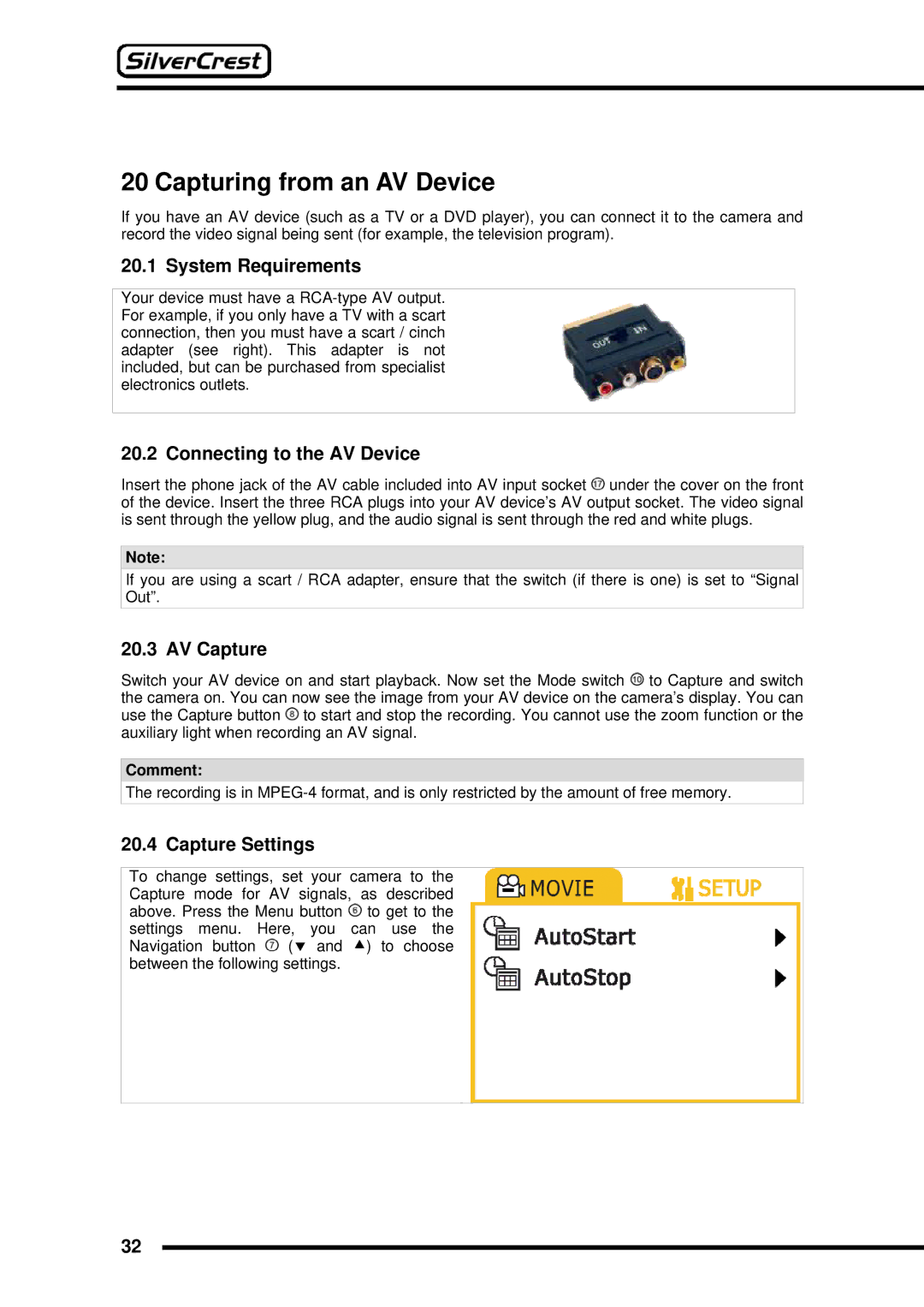 Silvercrest DV-767 instruction manual Capturing from an AV Device, AV Capture, Comment 