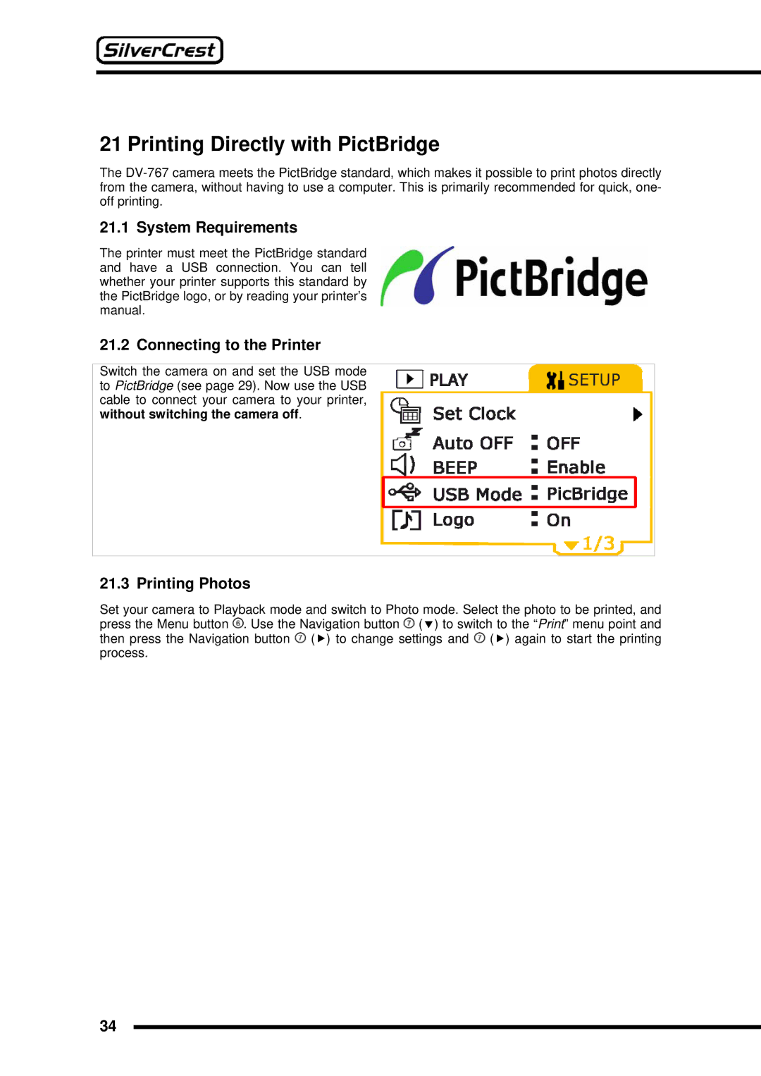 Silvercrest DV-767 instruction manual Printing Directly with PictBridge, Connecting to the Printer, Printing Photos 