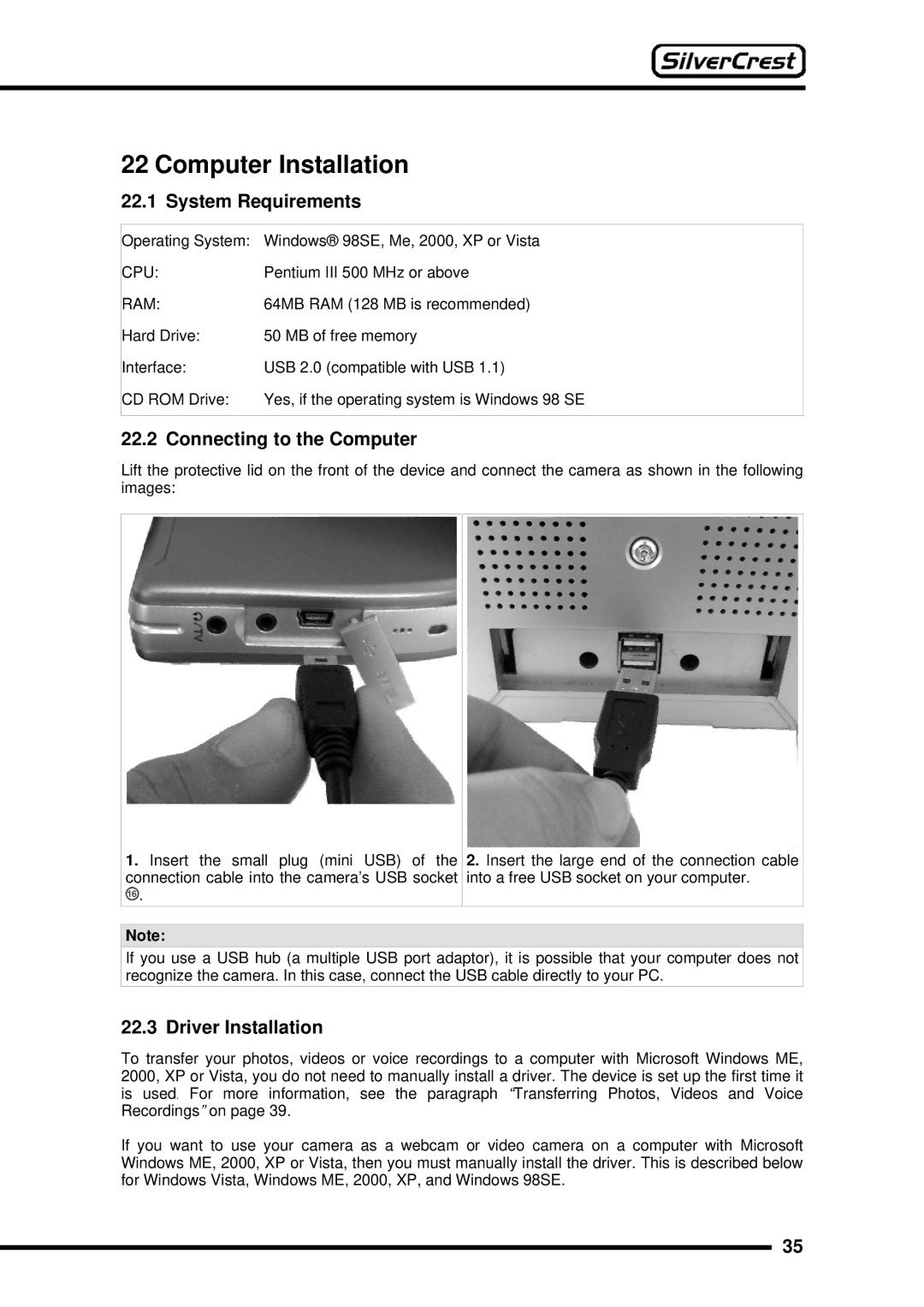 Silvercrest DV-767 instruction manual Computer Installation, Connecting to the Computer, Driver Installation 