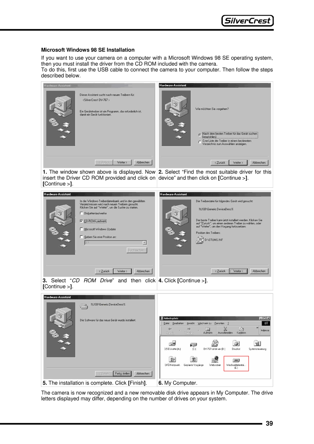 Silvercrest DV-767 instruction manual Microsoft Windows 98 SE Installation 