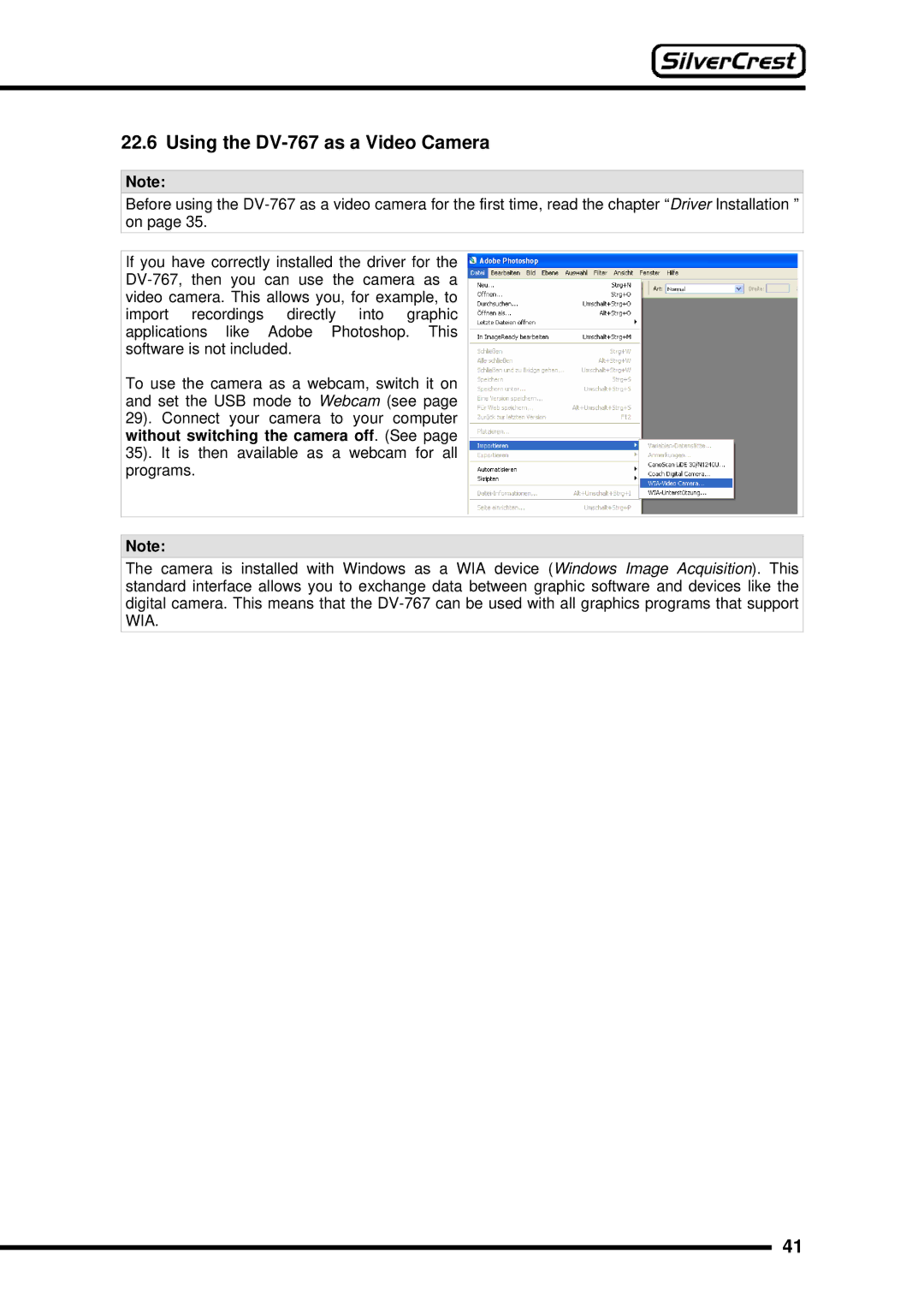 Silvercrest instruction manual Using the DV-767 as a Video Camera 