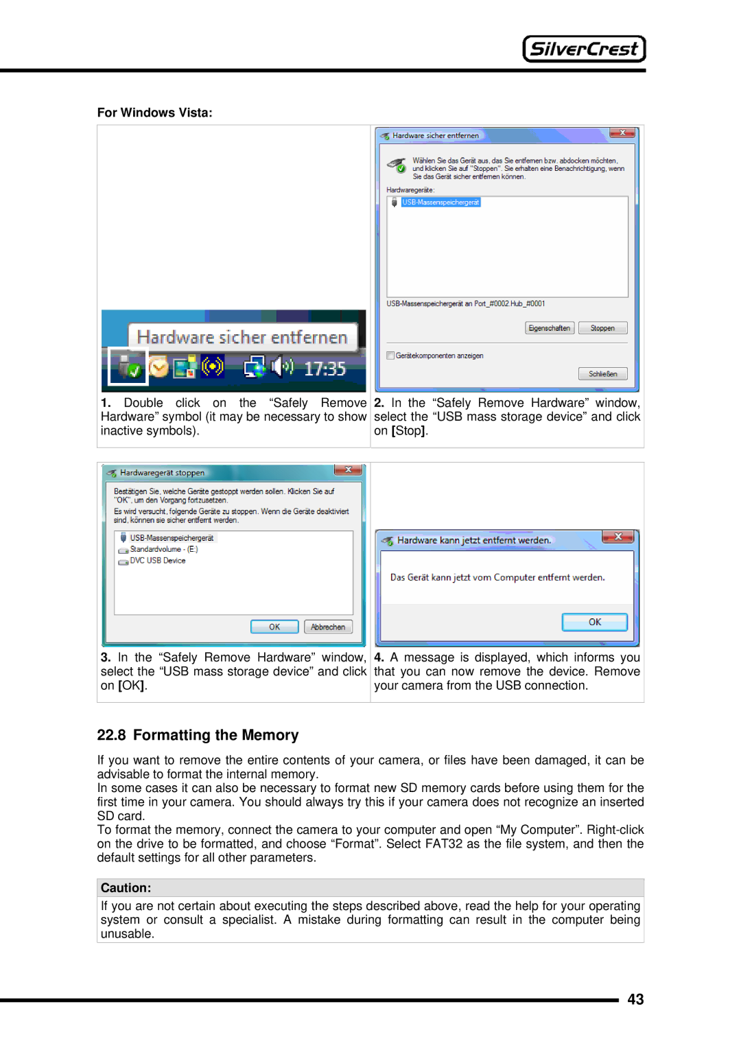 Silvercrest DV-767 instruction manual Formatting the Memory, For Windows Vista 