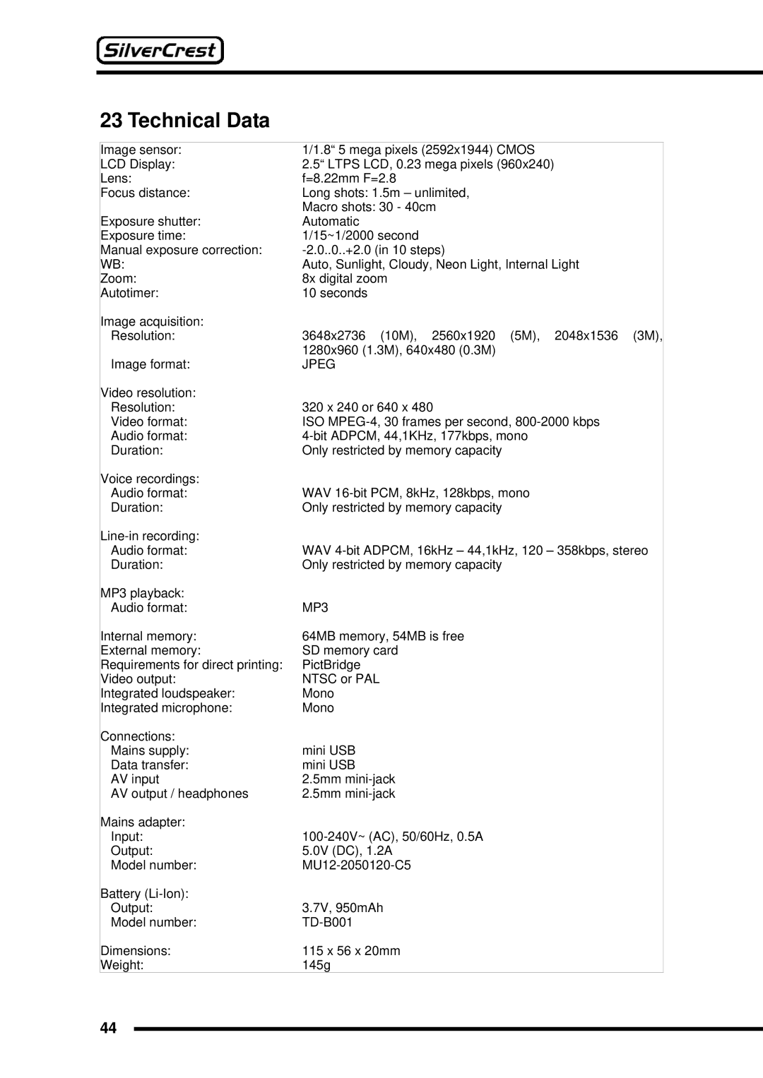 Silvercrest DV-767 instruction manual Technical Data, Jpeg 