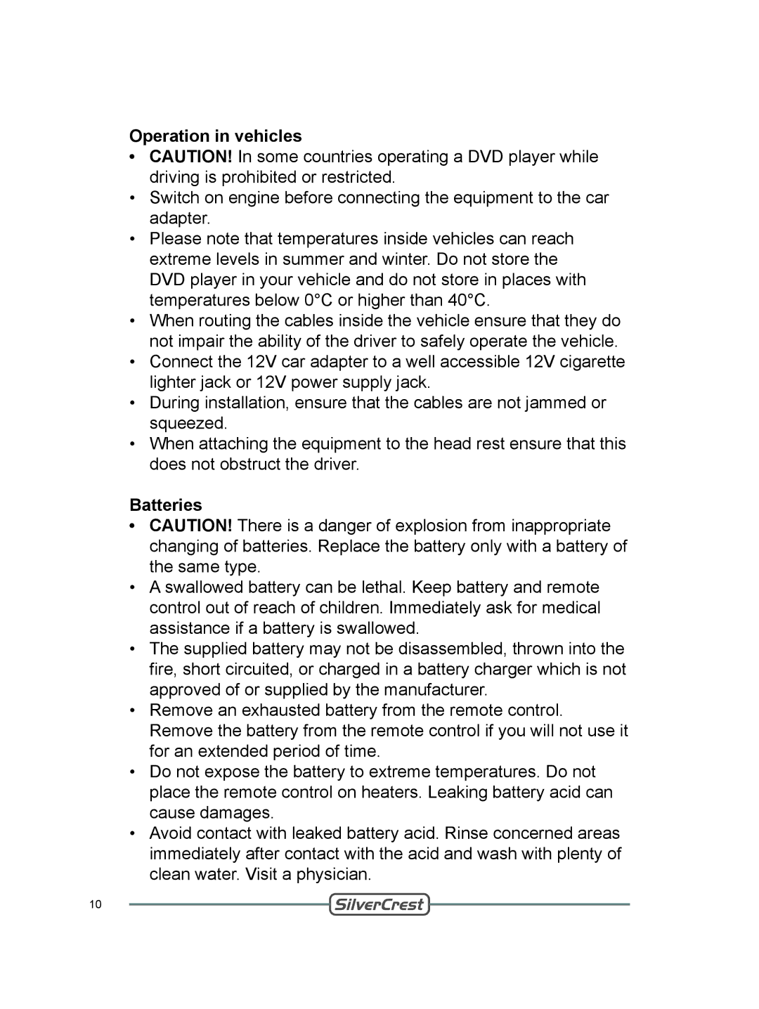 Silvercrest DVT-480 user manual Operation in vehicles, Batteries 