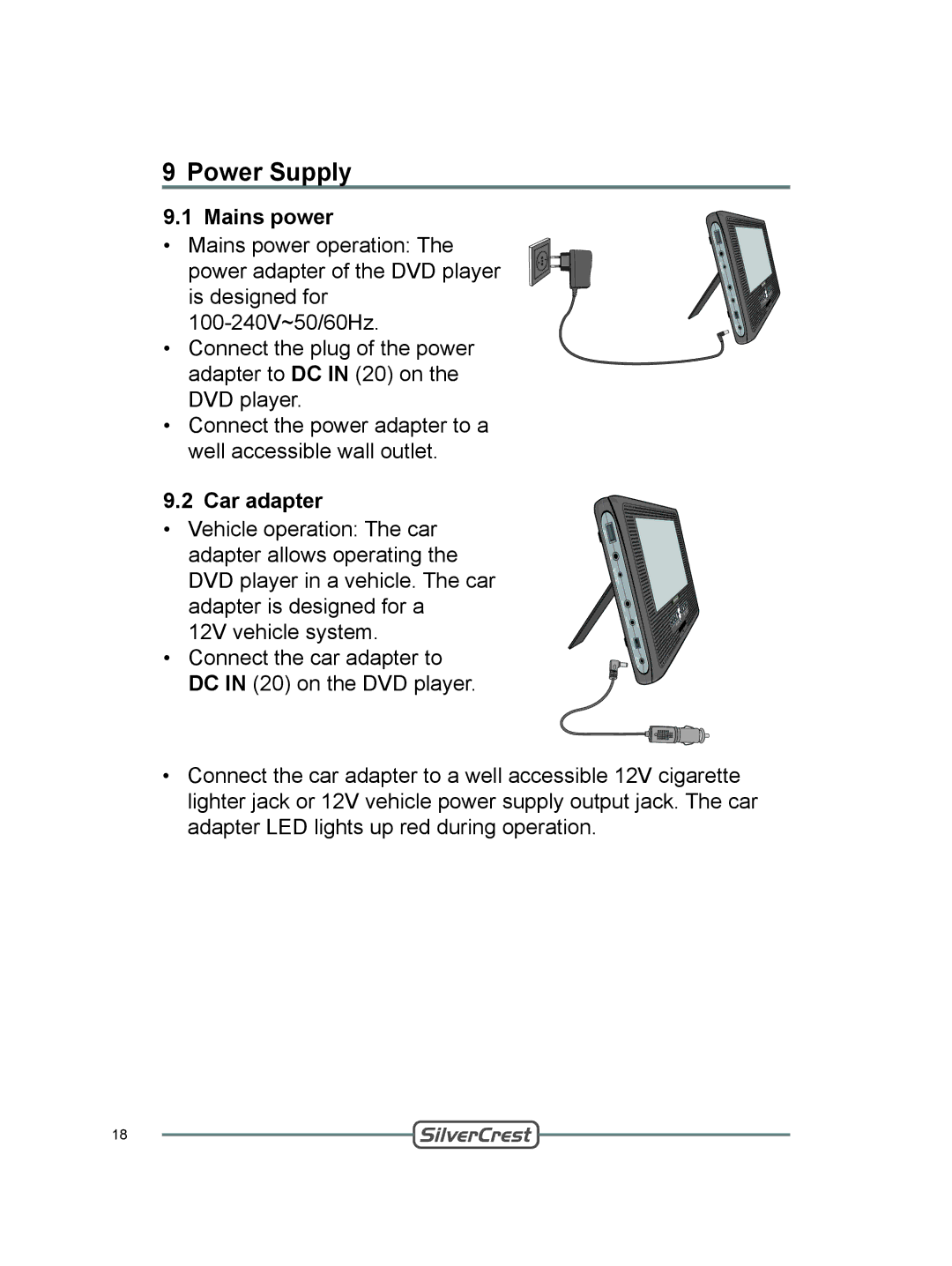 Silvercrest DVT-480 user manual Power Supply, Mains power, Car adapter 