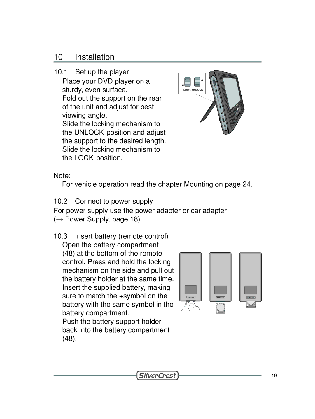 Silvercrest DVT-480 user manual Installation, Set up the player, Connect to power supply, Insert battery remote control 