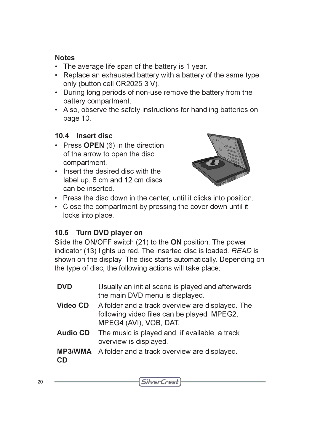 Silvercrest DVT-480 user manual Insert disc, Turn DVD player on, Video CD, Audio CD 