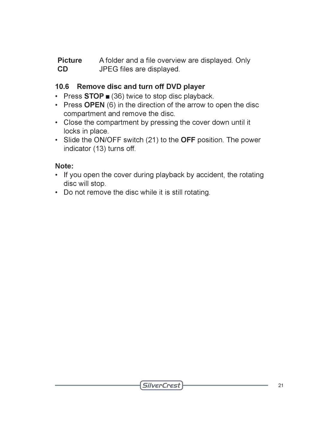 Silvercrest DVT-480 user manual Picture, Remove disc and turn off DVD player 