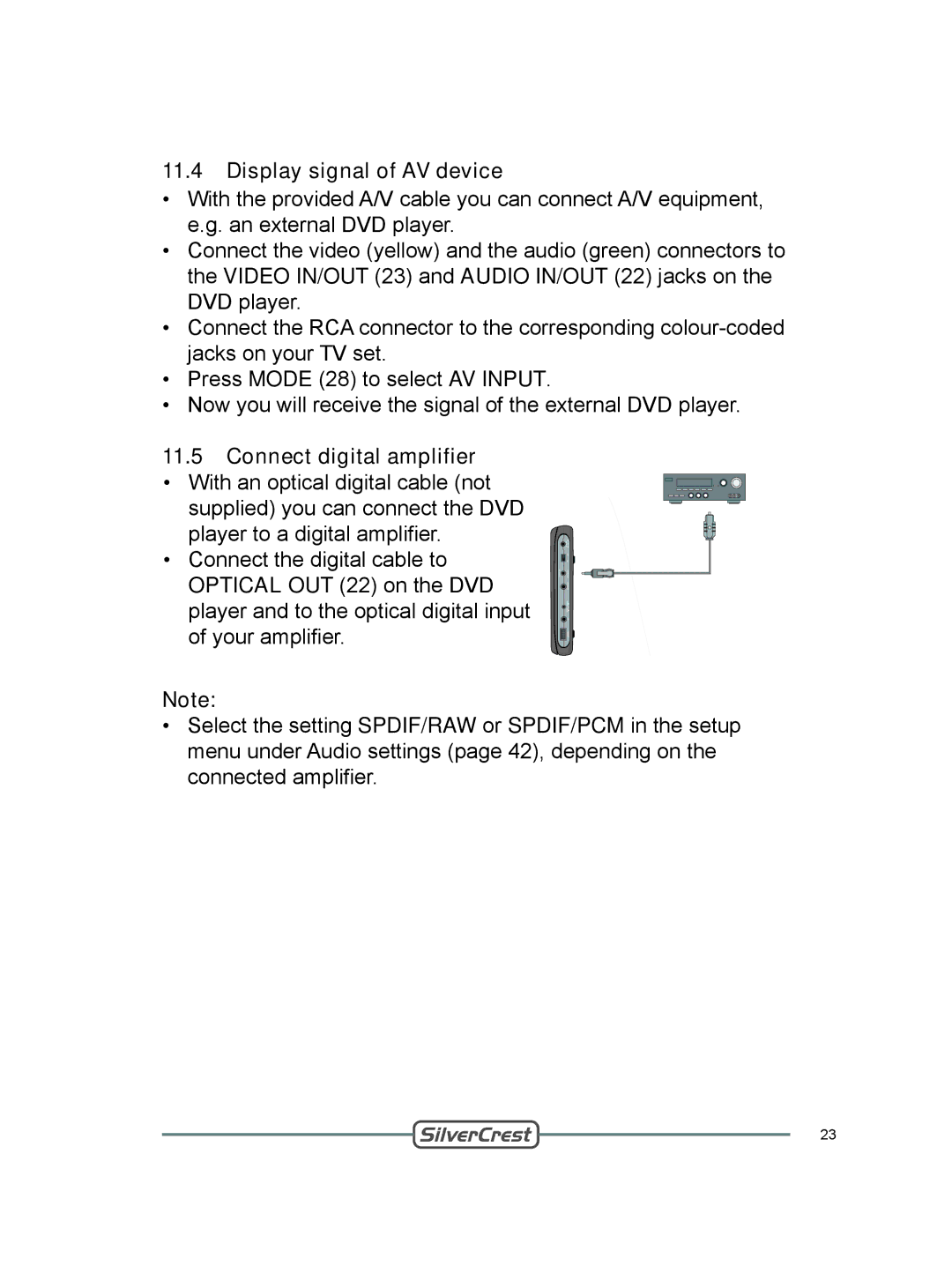 Silvercrest DVT-480 user manual Display signal of AV device, Connect digital amplifier 