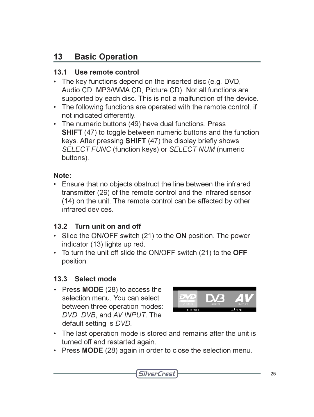 Silvercrest DVT-480 user manual Basic Operation, Use remote control, Turn unit on and off, Select mode 