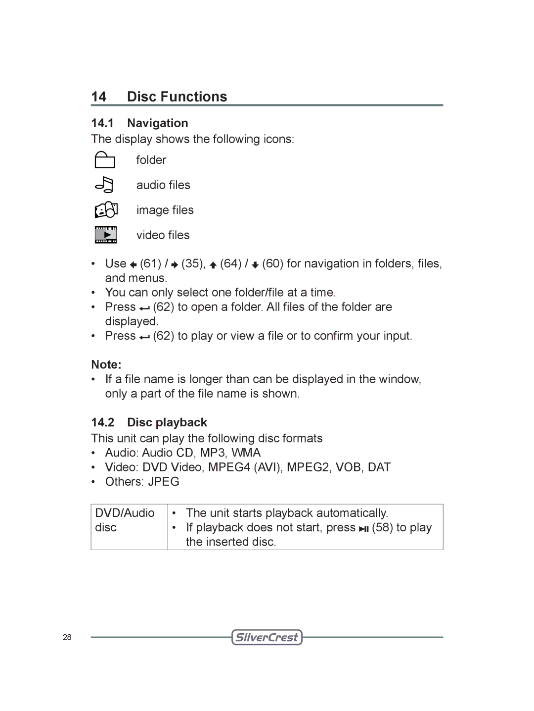 Silvercrest DVT-480 user manual Disc Functions, Navigation, Disc playback 