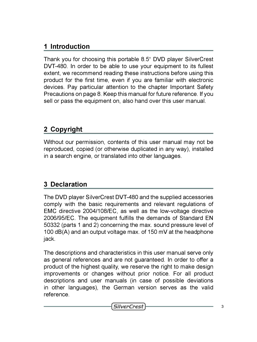 Silvercrest DVT-480 user manual Introduction Copyright Declaration 