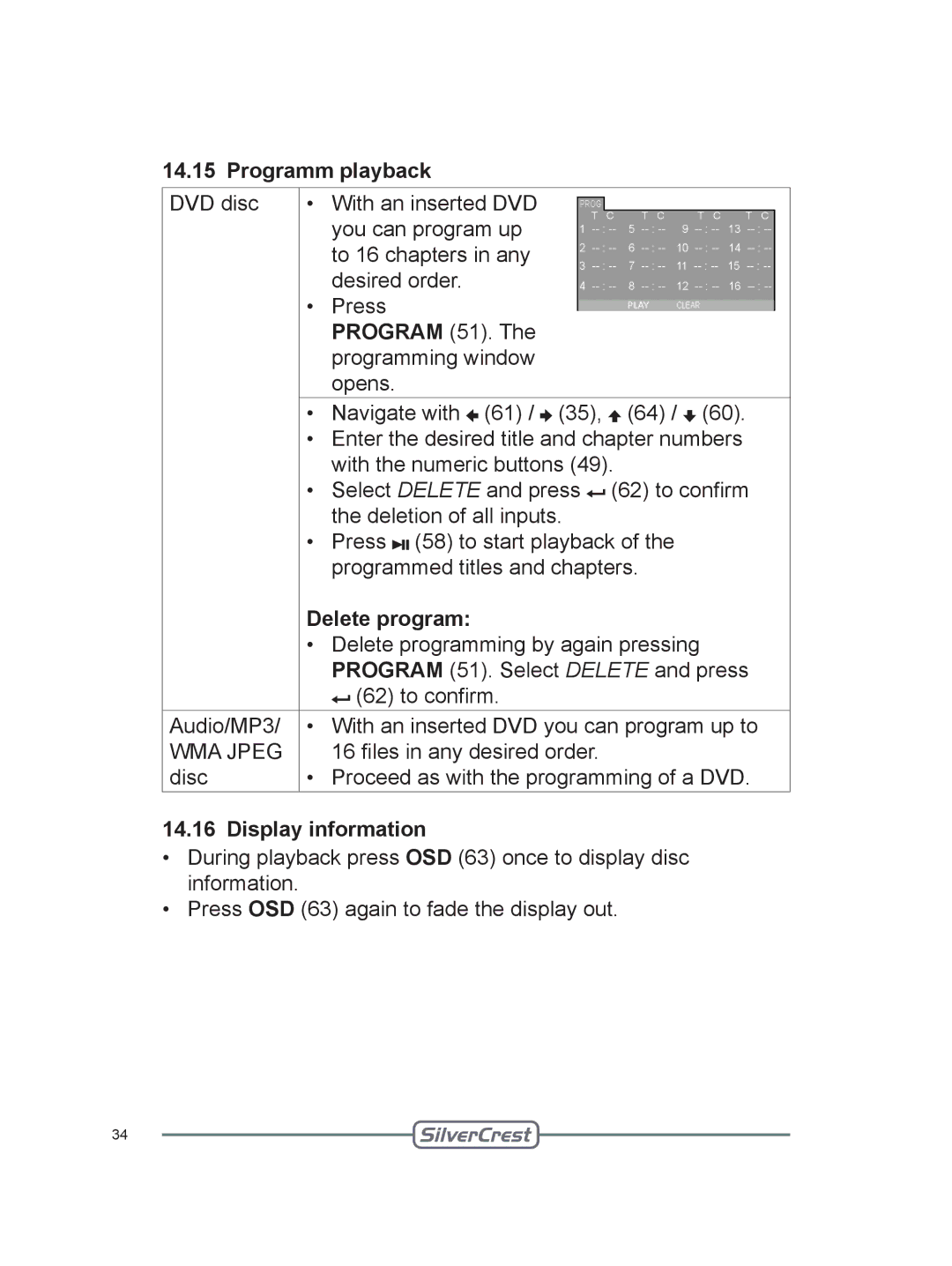 Silvercrest DVT-480 user manual Programm playback, Delete program, Display information 