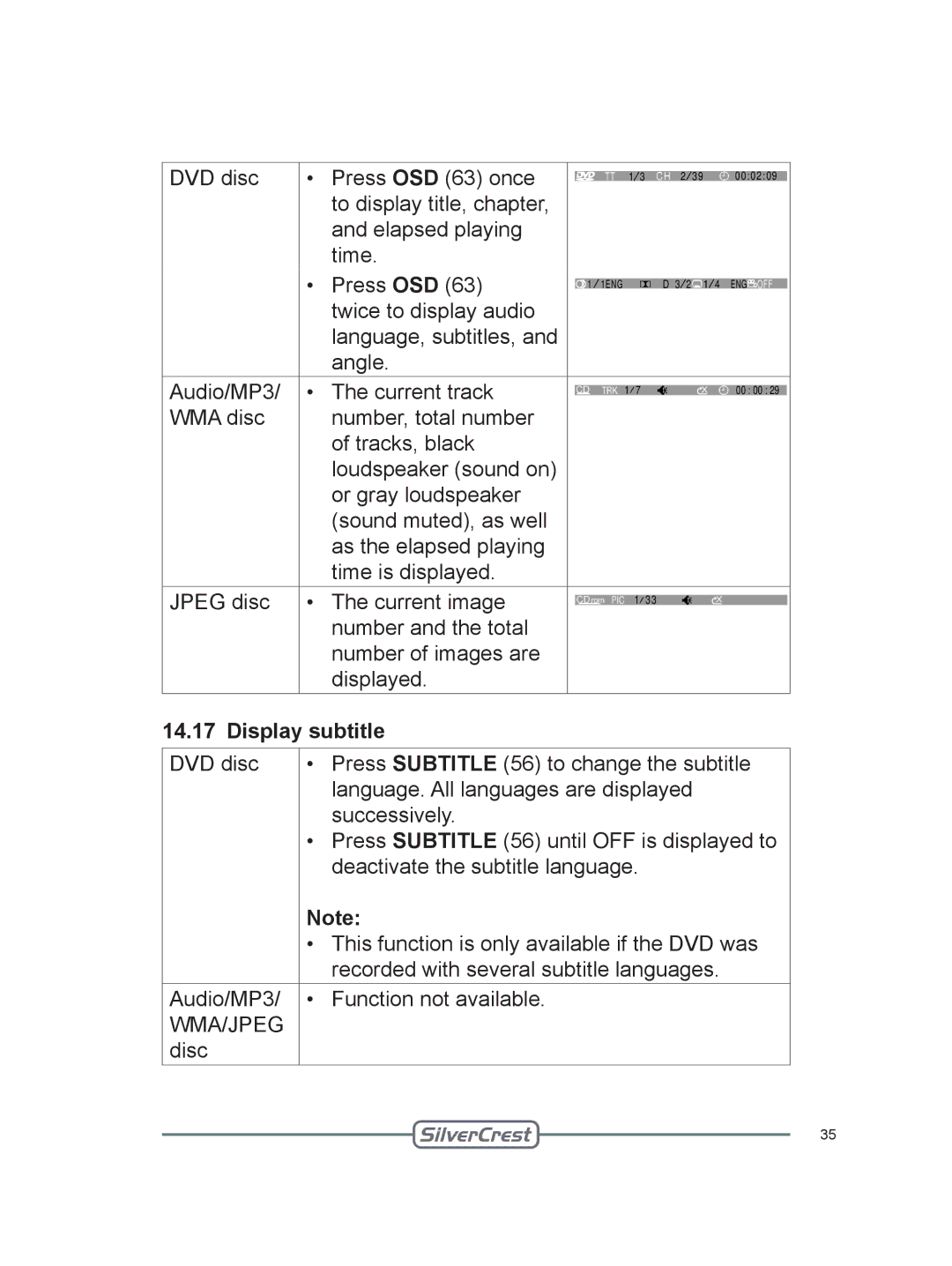 Silvercrest DVT-480 user manual Display subtitle 