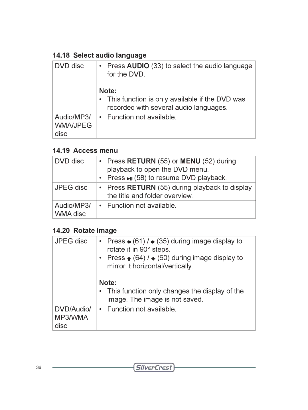 Silvercrest DVT-480 user manual Select audio language, Access menu, Rotate image 