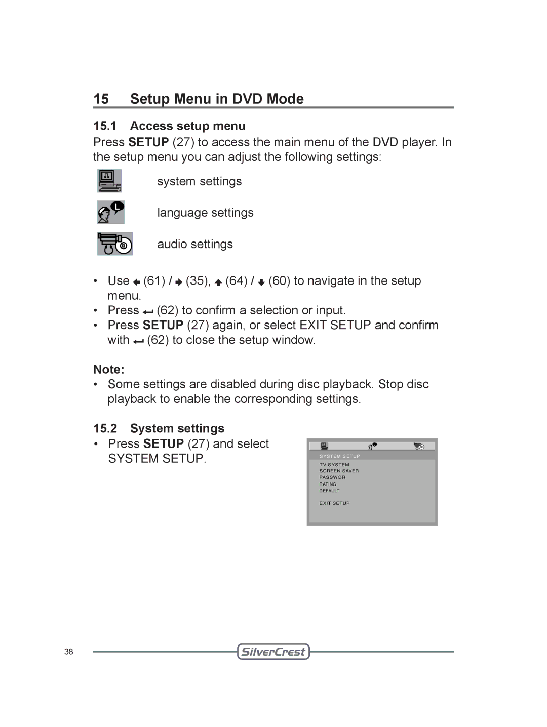 Silvercrest DVT-480 user manual Setup Menu in DVD Mode, Access setup menu, System settings 