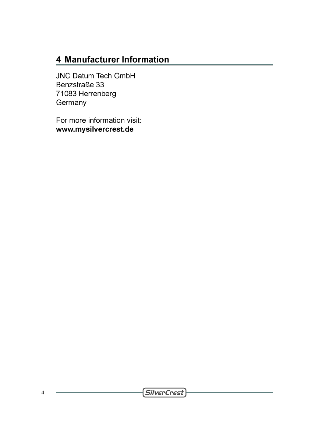 Silvercrest DVT-480 user manual Manufacturer Information 