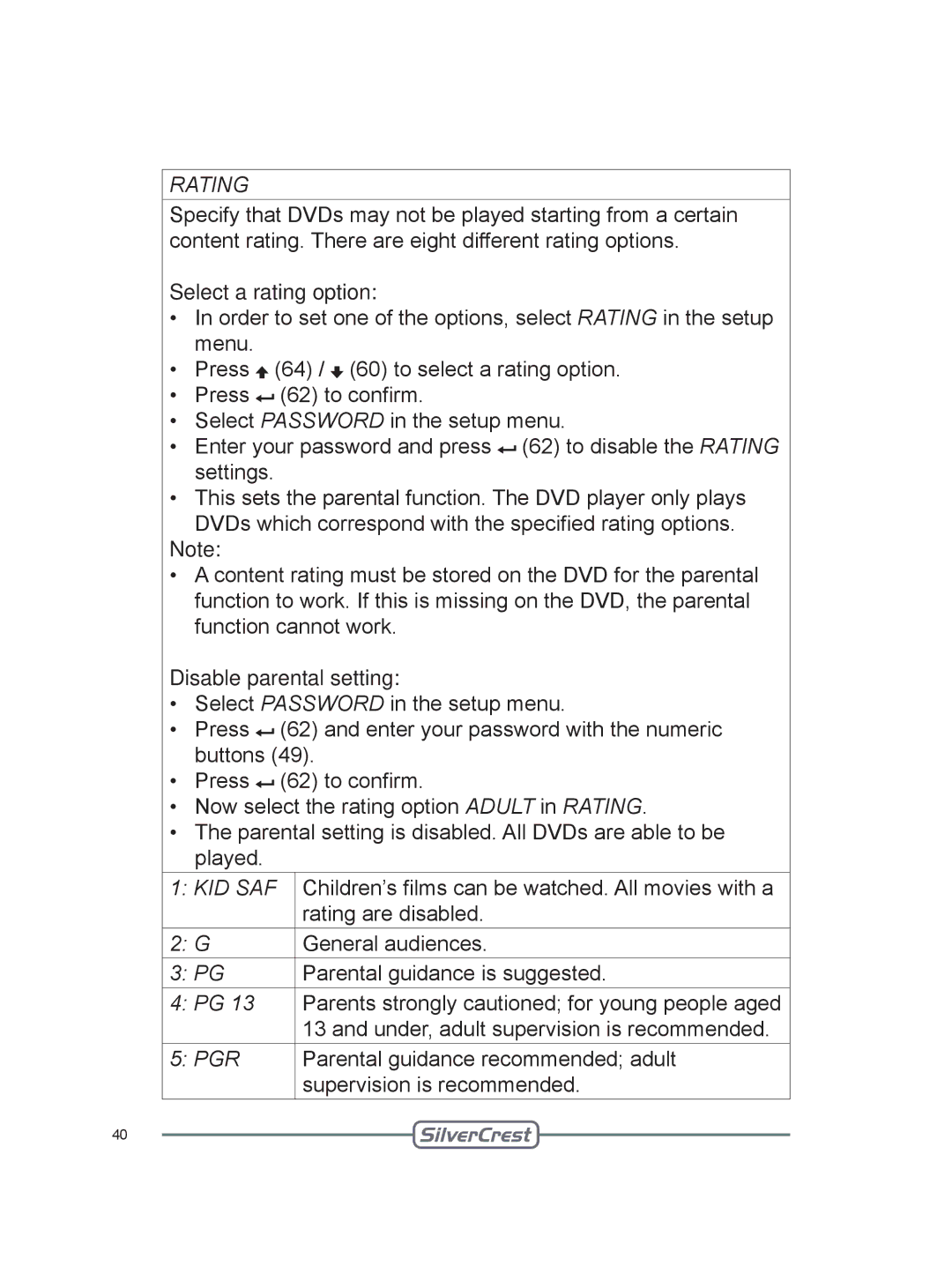 Silvercrest DVT-480 user manual Select a rating option, Disable parental setting, General audiences 