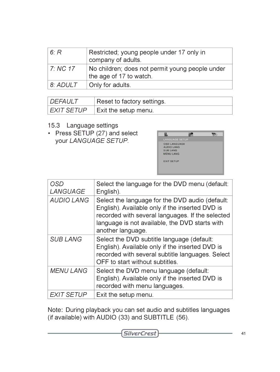 Silvercrest DVT-480 user manual Language settings 