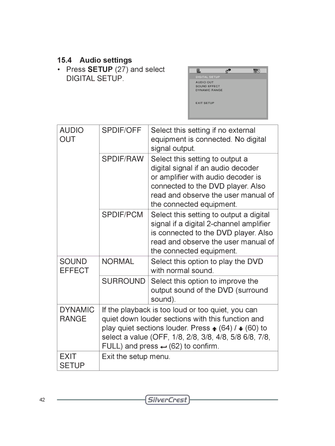 Silvercrest DVT-480 user manual Audio settings 