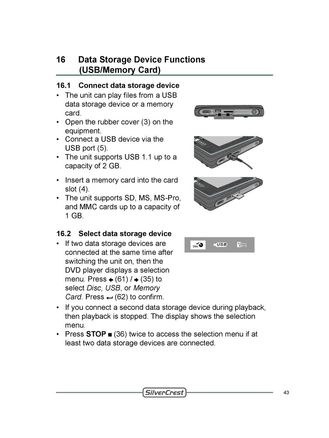 Silvercrest DVT-480 user manual Connect data storage device, Select data storage device 