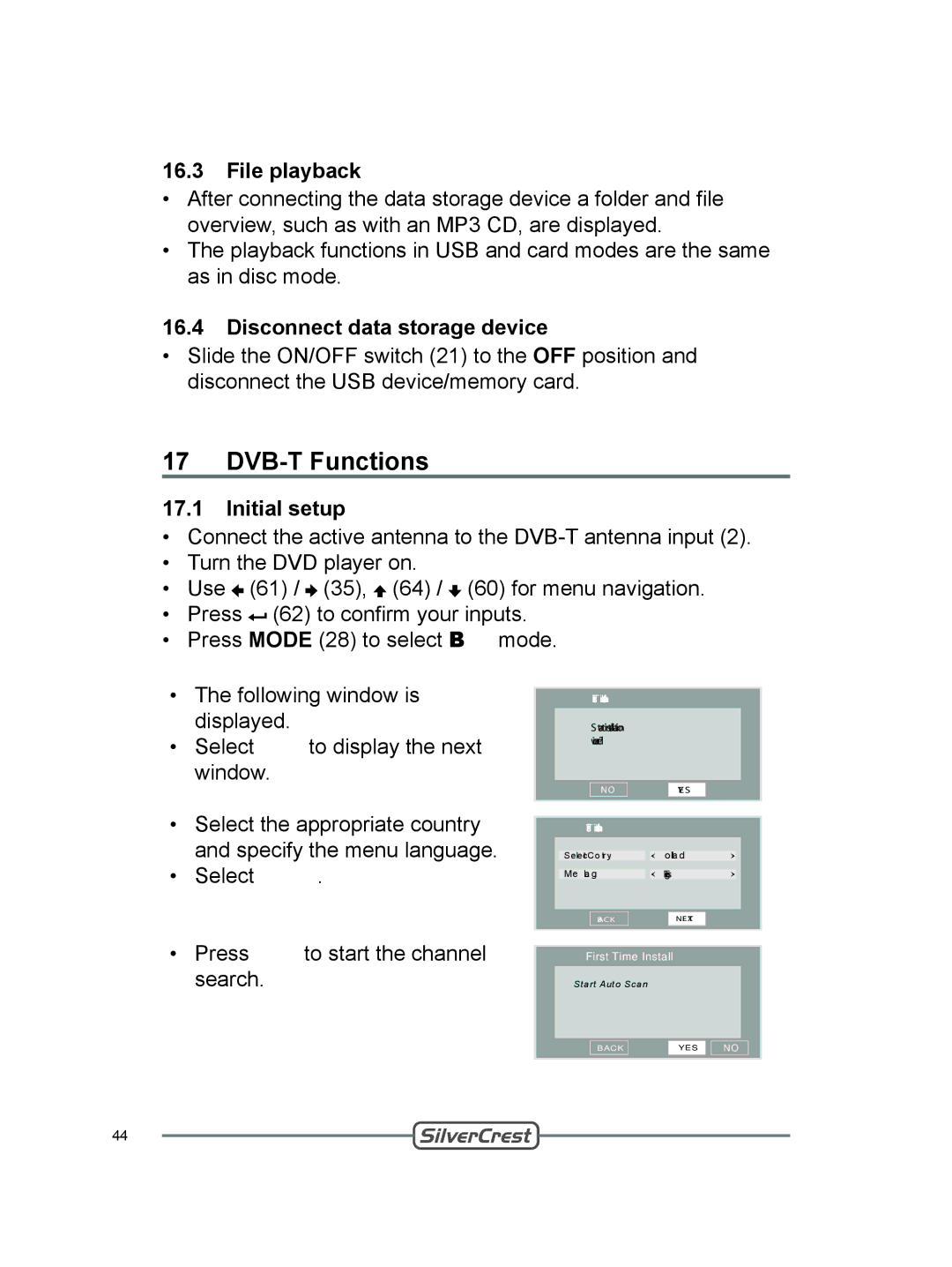 Silvercrest DVT-480 user manual DVB-T Functions, File playback, Disconnect data storage device, Initial setup 