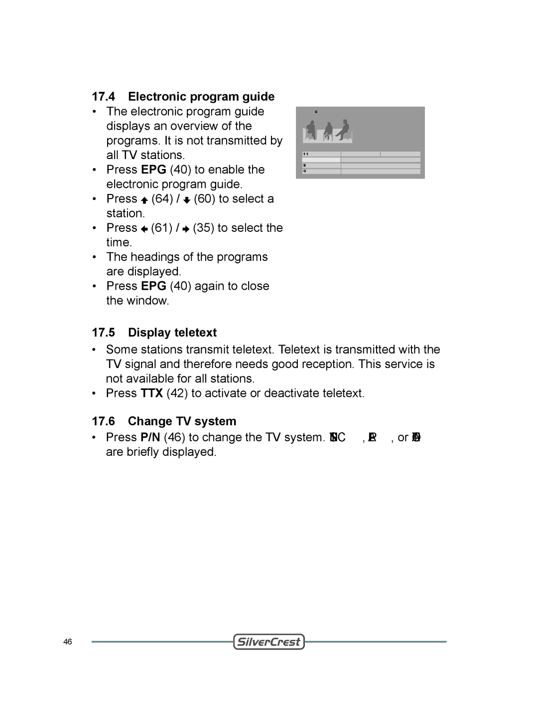 Silvercrest DVT-480 user manual Electronic program guide, Display teletext, Change TV system 