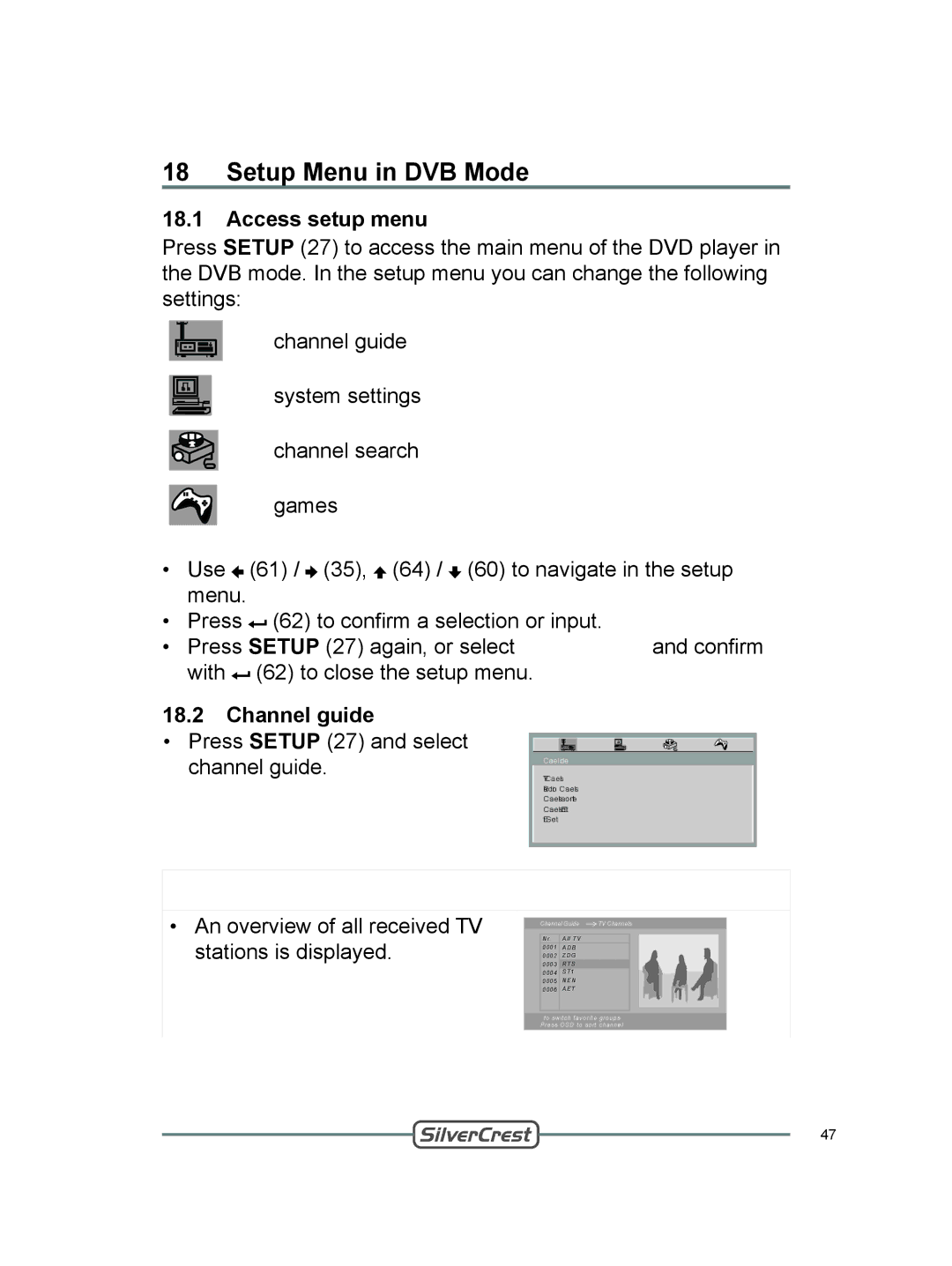 Silvercrest DVT-480 user manual Setup Menu in DVB Mode, Channel guide, TV Channels 