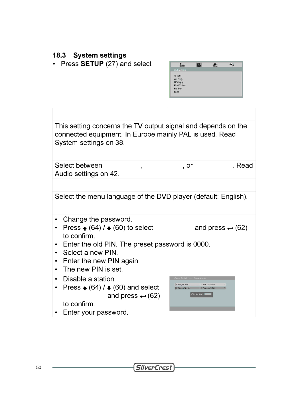 Silvercrest DVT-480 user manual TV System, Audio Setting, OSD Language, Parent Control 