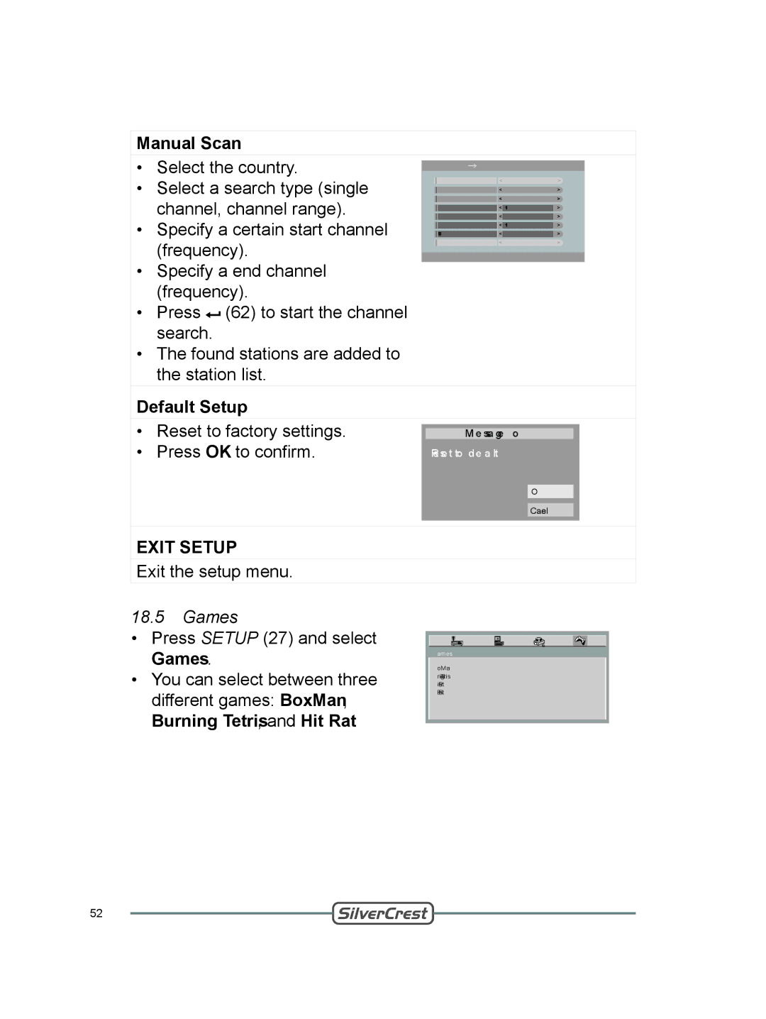 Silvercrest DVT-480 user manual Manual Scan, Default Setup, Games 