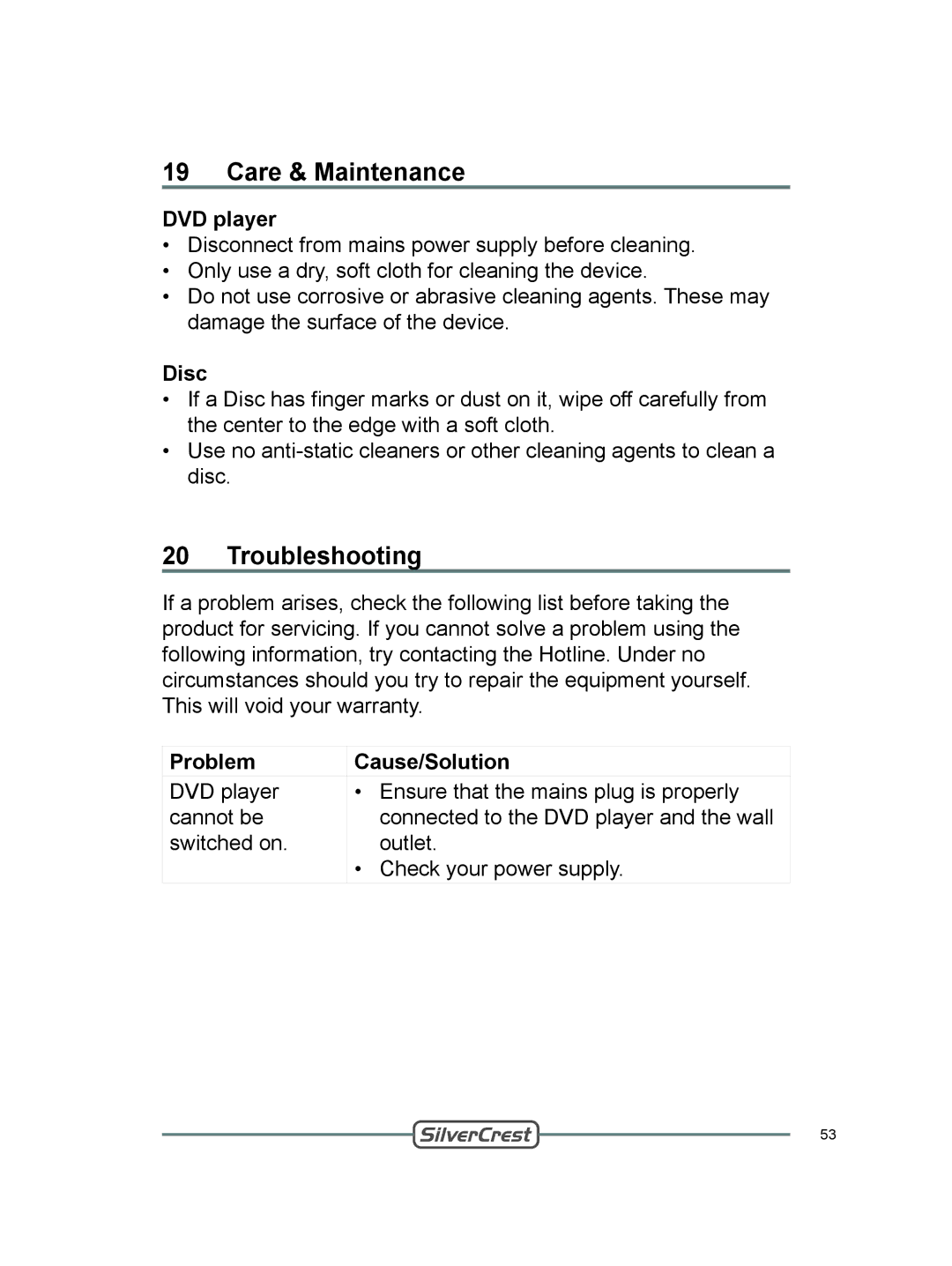 Silvercrest DVT-480 user manual Care & Maintenance, Troubleshooting, Disc, Problem Cause/Solution 