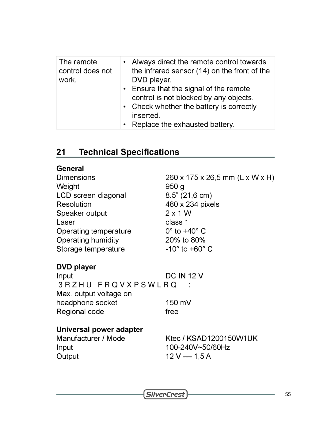 Silvercrest DVT-480 user manual Technical Specifications, Universal power adapter 