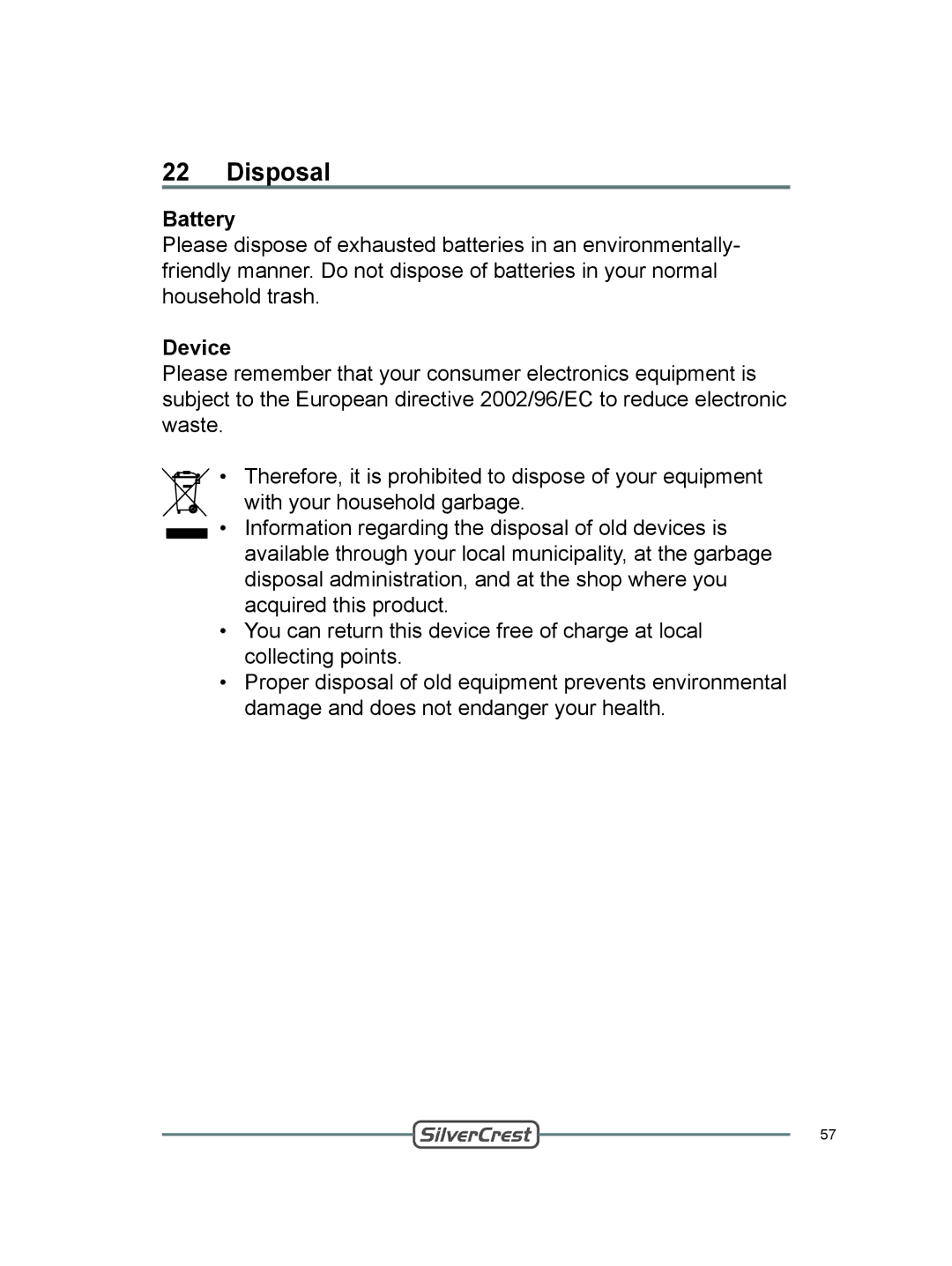 Silvercrest DVT-480 user manual Disposal, Battery, Device 