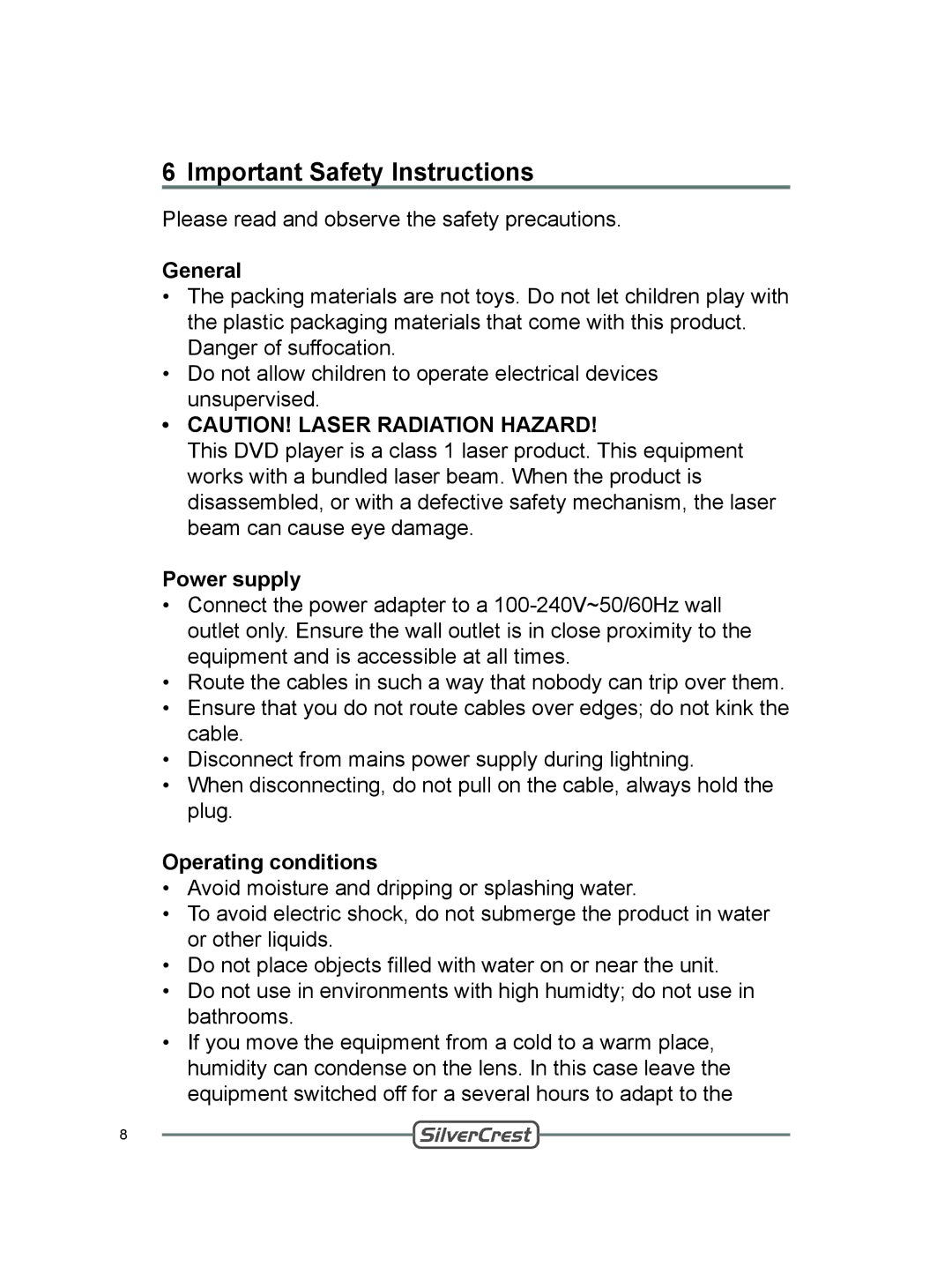 Silvercrest DVT-480 user manual Important Safety Instructions, General, Operating conditions 